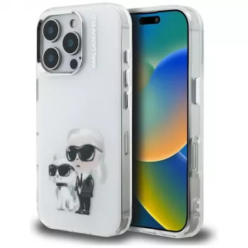 Zadní kryt Karl Lagerfeld IML Aquarelle Karl & Choupette & Logo pro Apple iPhone 16 Pro, bílý