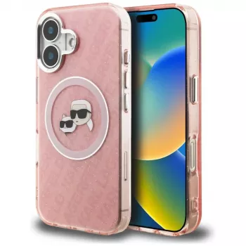 KARL LAGERFELD IML Glitter Karl & Choupette Heads Logo MagSafe pouzdro pro Apple iPhone 16 - růžové