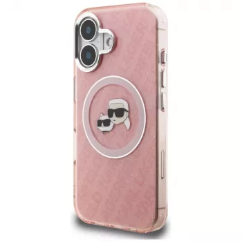 KARL LAGERFELD IML Glitter Karl & Choupette Heads Logo MagSafe pouzdro pro Apple iPhone 16 - růžové