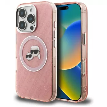 Pouzdro MagSafe Karl Lagerfeld IML Glitter Karl & Choupette Heads Logo pro iPhone 16 Pro, růžové