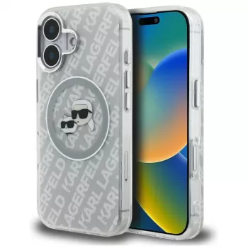 KARL LAGERFELD IML Glitter Karl & Choupette Heads Logo MagSafe pouzdro pro iPhone 16, šedé