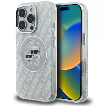 KARL LAGERFELD IML Glitter Karl & Choupette Heads Logo MagSafe pouzdro pro iPhone 16 Pro, šedé