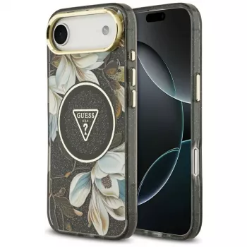 Guess IML Glitter Flowers Triangle MagSafe pouzdro pro iPhone Air – černé