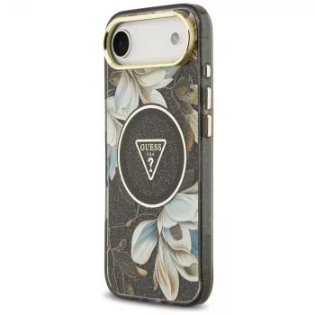 Guess IML Glitter Flowers Triangle MagSafe pouzdro pro iPhone Air – černé
