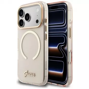 Pouzdro Guess IML Script Metal MagSafe pro iPhone 15 Pro, růžové