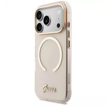 Pouzdro Guess IML Script Metal MagSafe pro iPhone 15 Pro, růžové