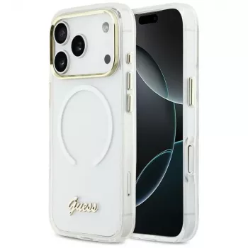 Guess IML Gradient Script Metal MagSafe pouzdro pro iPhone 17 Pro Max, bílé
