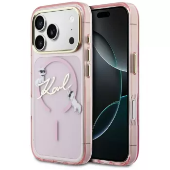Karl Lagerfeld IML Choupettes KarlScript Logo MagSafe pouzdro pro Apple iPhone 17 Pro, růžové