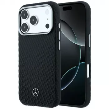 Pouzdro MagSafe Mercedes Leather Semi Wrap s dřevěným efektem pro Apple iPhone 17 Pro, černé