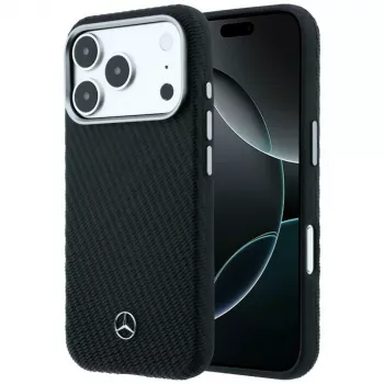 Pouzdro MagSafe Mercedes-Benz Leather Semi Wrap s dřevěným efektem pro iPhone 17 Pro Max, černé