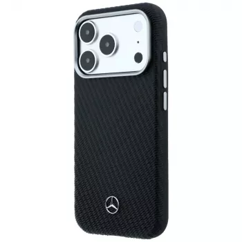 Pouzdro MagSafe Mercedes-Benz Leather Semi Wrap s dřevěným efektem pro iPhone 17 Pro Max, černé