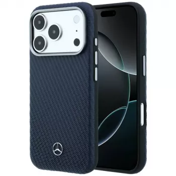 Pouzdro MagSafe Mercedes Leather Semi Wrap s dřevěným efektem pro iPhone 17 Pro Max, námořnická modrá