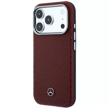 Pouzdro MagSafe Mercedes Leather Semi Wrap s dřevěným efektem pro iPhone 17 Pro Max, červené