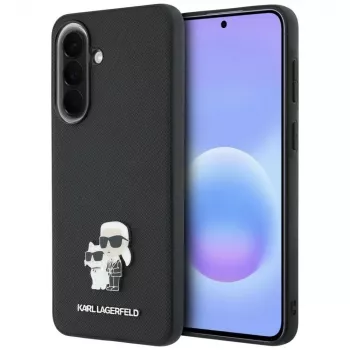Pouzdro Karl Lagerfeld Saffiano s kovovým logem Karl & Choupette pro Samsung Galaxy A57 5G, černé