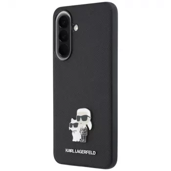 Pouzdro Karl Lagerfeld Saffiano s kovovým logem Karl & Choupette pro Samsung Galaxy A57 5G, černé
