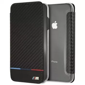 BMW M Carbon Tricolor Stripe kryt kniha pro Apple iPhone XS Max – černý