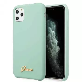 Guess GUHCN58LSLMGG iPhone 11 Pro zelený silikonový pevný kryt s vintage zlatým logem