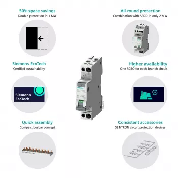 Siemens 5SV13166KK16 RCBO 2pólový 16 A 30 mA, charakteristika B, Typ A, 6 kA