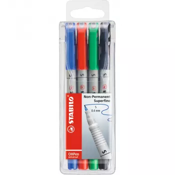 Fix na fólie STABILO OHPen – 4 ks – černý – modrý – zelený – červený – kulatý – extra jemný – 0,4 mm – inkoust na vodní bázi