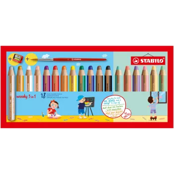 Multifunkční tužka STABILO Woody 3 v 1, 7,6 cm, pastelová sada 18 ks se štětcem