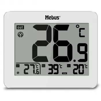 MEBUS 1074 Digital Thermometer with Indoor and Outdoor Temperature, LCD Display, Wall Mountable, White