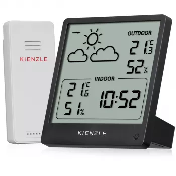 KIENZLE Weather Station Slim (15002) s bezdrátovým venkovním senzorem, LCD displej, předpověď počasí, fáze měsíce, budík