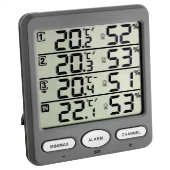 Klimatický monitor TFA Dostmann, bezdrátový teploměr a vlhkoměr, interiér a exteriér, šedý