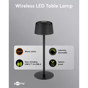 GOOBAY bezdrátová LED stolní lampa, velikost S, 25 cm, černá