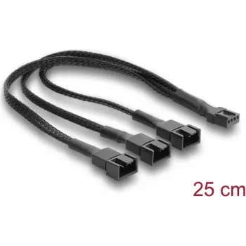 Rozbočovací kabel ventilátoru Delock 1 x 4pinový PWM samice na samce + 2 x 4pinový (3 piny zapojené) samec s opleteným pláštěm 25 cm černý