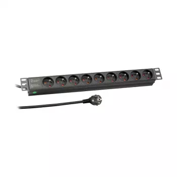 EFB Elektronik EK631FR.1 19 inch 1U racková přepěťová zásuvka, 9 x francouzské/UTE zásuvky, zástrčka CEE 7/7, kabel 1,8 m, 16A, 230V, černá