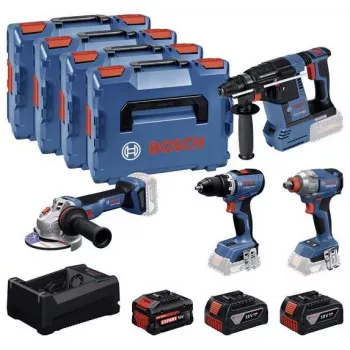 Sada nářadí BOSCH POWERTOOLS Combo Kit 18V – akumulátorový vrtačka/šroubovák, rázový utahovák, vrtací kladivo, úhlová bruska (sada 4 nástrojů)