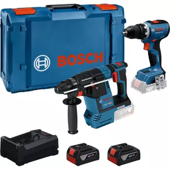 Sada nářadí BOSCH PowerTools Combo Kit – akumulátorový příklepový vrtačka/šroubovák 18V 65 + akumulátorové vrtací kladivo 18V 26 se 2 akumulátory 5 Ah a nabíječkou (sada)