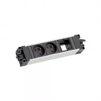Bachmann 906.0238 STEP ALU stolní napájecí a datový modul, 2x zásuvky typ E, 2x keystone sloty, 3m kabel, stříbrná/černá