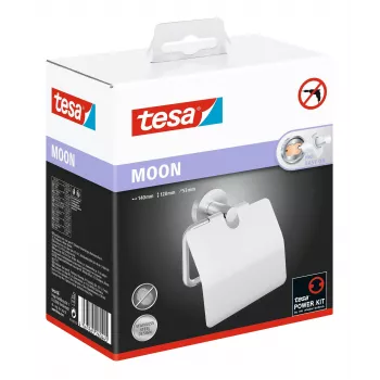 Držák toaletního papíru s víkem Tesa MOON, samolepicí, vzhled nerezové oceli, stříbrný, 1 ks