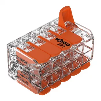 WAGO 221-420 kompaktní spojovací konektor s páčkami, 10vodičový, 0,2-4 mm², transparentní pouzdro, oranžová páčka, 10 ks