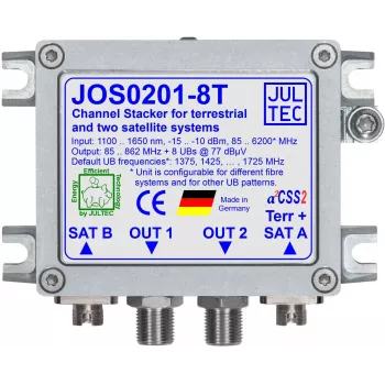 JULTEC JOS0201-8T Unicable II / JESS Single Cable Converter with 2x Optical Satellite and 1x Optical Terrestrial Input, 8x F-Type Output, FC/PC Connectors
