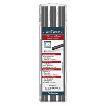 Pica BIG DRY Refills Carpenters 2H - 12 Leads, Black, Rectangular Profile