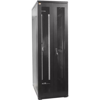 IT-BUDGET 19 inch síťový rozvaděč SRK kompletní sada 42U 600x600 mm perforovaná dvojitá dvířka vpředu i vzadu 4 aktivní ventilátory PDU police předmontovaný černý (99ITB19SRK4266DTSM)