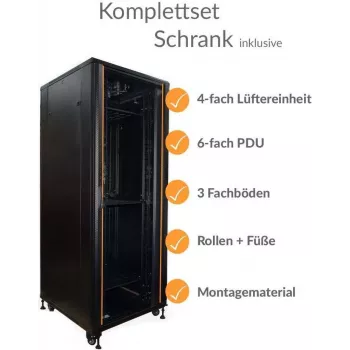 IT-BUDGET 19 inch serverový rozvaděč SRK - kompletní sada - 42HE - šířka 800 mm, hloubka 800 mm - skleněné/ocelové dveře - 4 aktivní ventilátory - PDU - zásuvky - smontováno - černá (99ITB19SRK4288GSM)