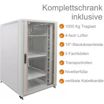 IT-BUDGET 19 inch síťový rozvaděč SRK - kompletní sada - 27U - 800x800 mm - prosklené/ocelové dveře - 4 aktivní ventilátory - PDU - police - Flatpack - světle šedý (90ITB19SRK2788GG)