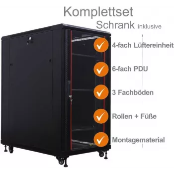 IT-BUDGET 19 inch síťový rozvaděč SRK - kompletní sada - 27U - šířka x hloubka 800x800 mm - skleněné/ocelové dveře - 4 aktivní ventilátory - PDU - police - předmontovaný - černý (99ITB19SRK2788GSM)