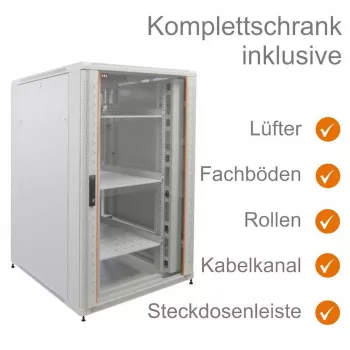 IT-BUDGET 19 inch serverový rozvaděč SRK kompletní sada 27U 800x800mm skleněné/perforované ocelové dveře 4 aktivní ventilátory PDU police smontováno světle šedá (99ITB19SRK2788GGM)
