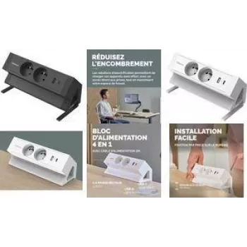 Stolní napájecí lišta Fellowes Power Desk 2, typ E, bílá, 4 zásuvky, 2 USB-A, 2m kabel