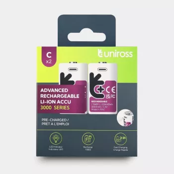 Uniross USB-C C/HR14 Rechargeable Lithium-Ion Batteries 3000mAh, 2 Pack