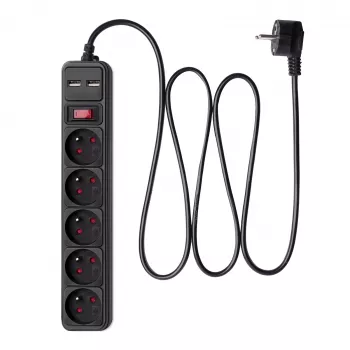 Akyga AK-SP-05U Surge Protector Power Strip, 5x CEE 7/5 (Type E) Sockets, 2x USB-A, 1.8 m, Black