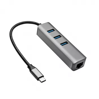 Akyga AK-AD-66 USB-C Hub with 3x USB 3.0 and Gigabit Ethernet, 15 cm, Black