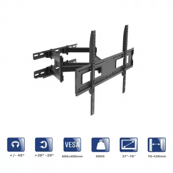 Akyga AK-MB-10 Full Motion TV Wall Mount, 37-70 inch, 50 kg, VESA 600x400, Swivel ±45°, Tilt ±20°, Black