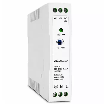Qoltec napájecí zdroj na DIN lištu 20W 12V 1.67A bílý slim