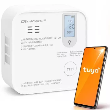 Qoltec certifikovaný bezdrátový detektor oxidu uhelnatého (CO) s baterií, CO detektor, TUYA, Wi-Fi, 10letá životnost senzoru, 85dB alarm, LED