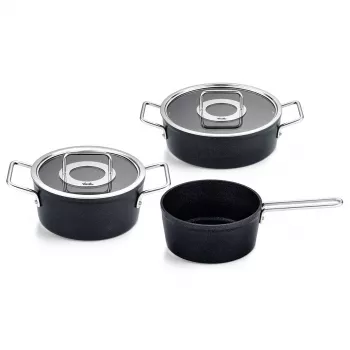 Fissler Adamant sada nádobí, 3 díly: hrnec 20 cm, hrnec na pečení 24 cm a kastrol 18 cm, se skleněnými poklicemi (156-115-03-000/0)